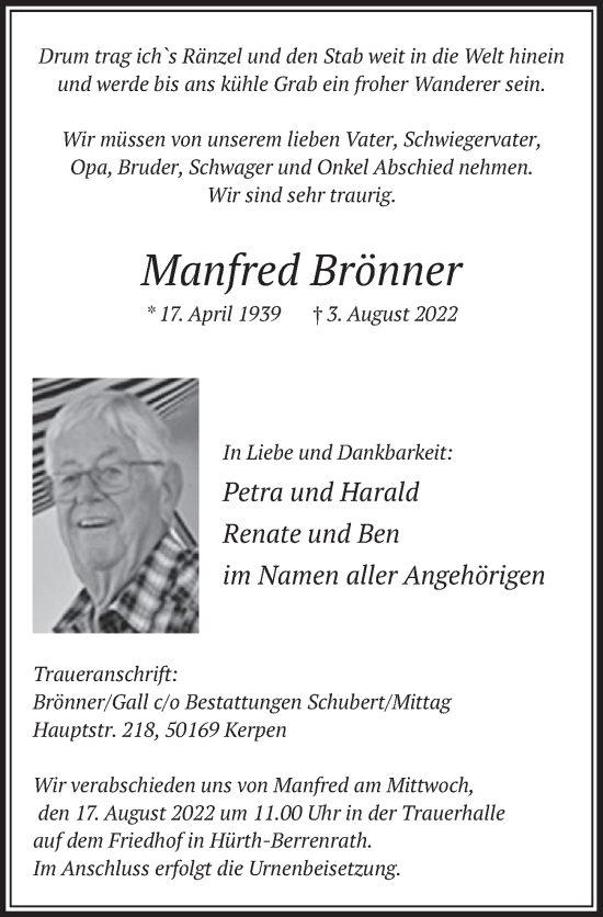 Anzeige von Manfred Brönner von  Wochenende 