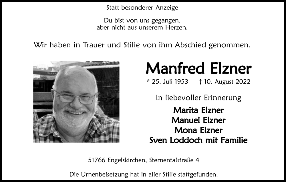  Traueranzeige für Manfred Elzner vom 20.08.2022 aus Kölner Stadt-Anzeiger / Kölnische Rundschau / Express