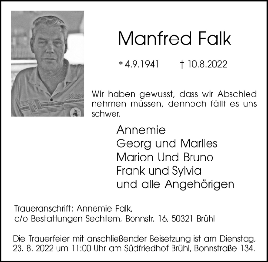 Anzeige von Manfred Falk von  Schlossbote/Werbekurier 