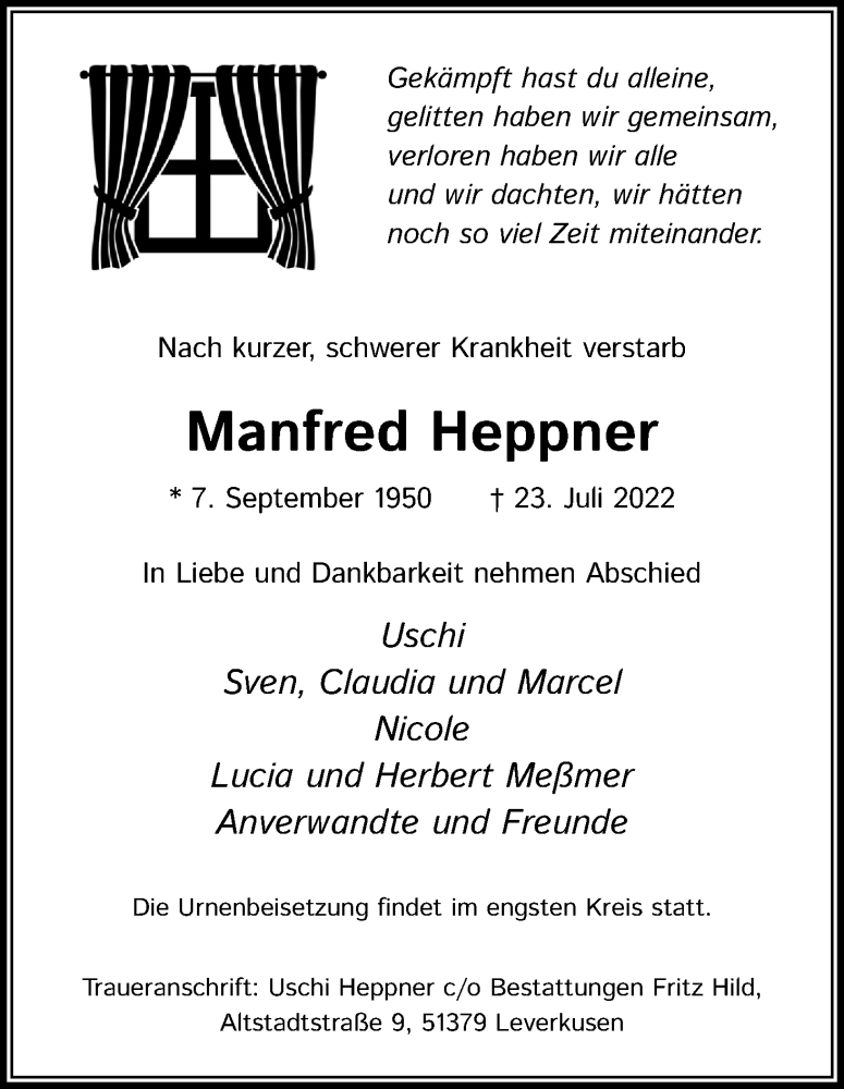  Traueranzeige für Manfred Heppner vom 06.08.2022 aus Kölner Stadt-Anzeiger / Kölnische Rundschau / Express