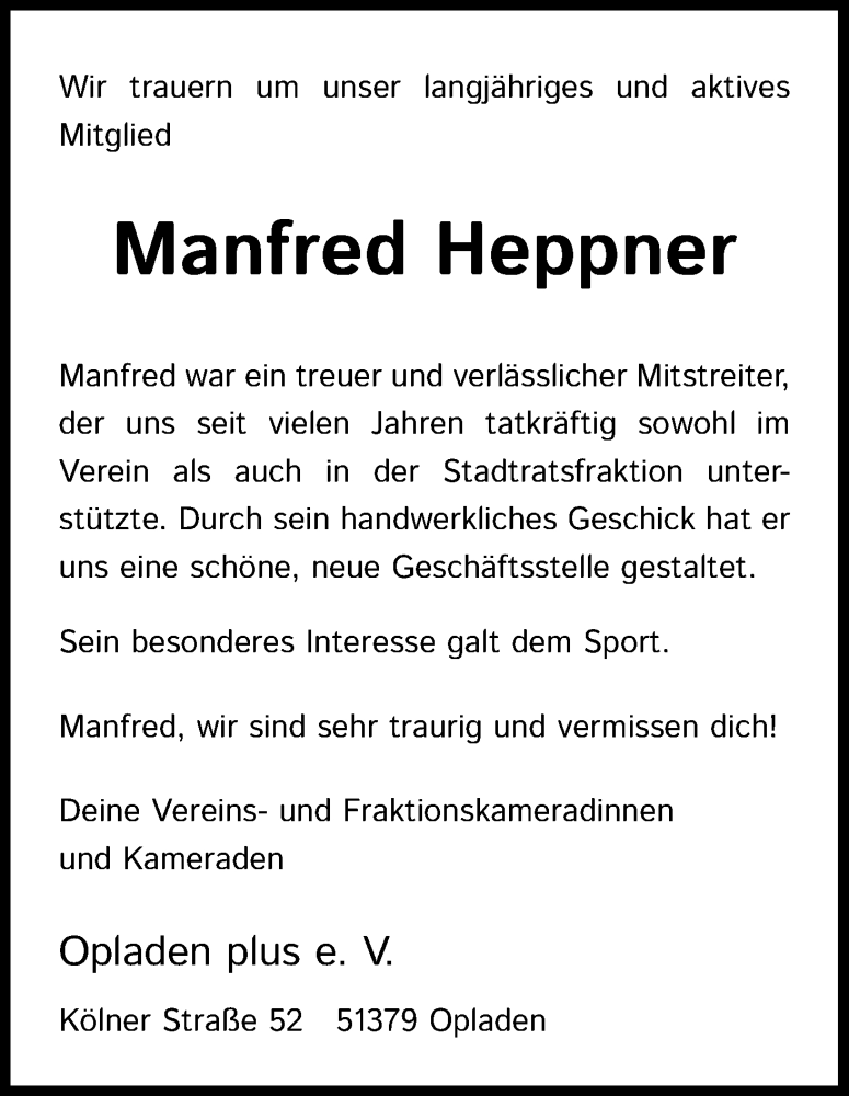  Traueranzeige für Manfred Heppner vom 06.08.2022 aus Kölner Stadt-Anzeiger / Kölnische Rundschau / Express