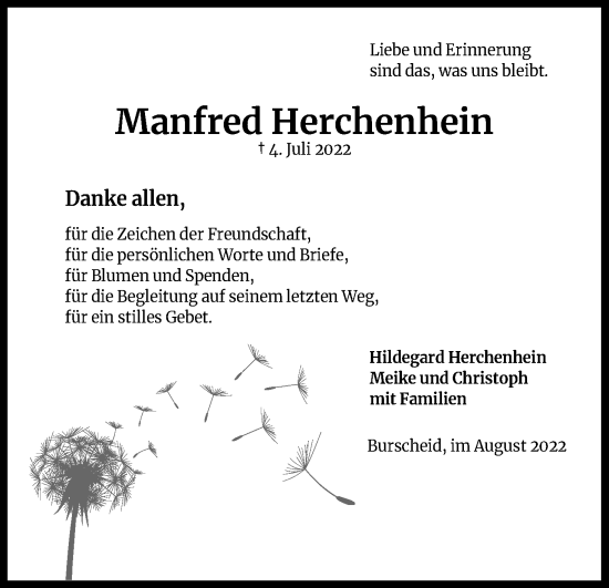 Anzeige von Manfred Herchenhein von Kölner Stadt-Anzeiger / Kölnische Rundschau / Express