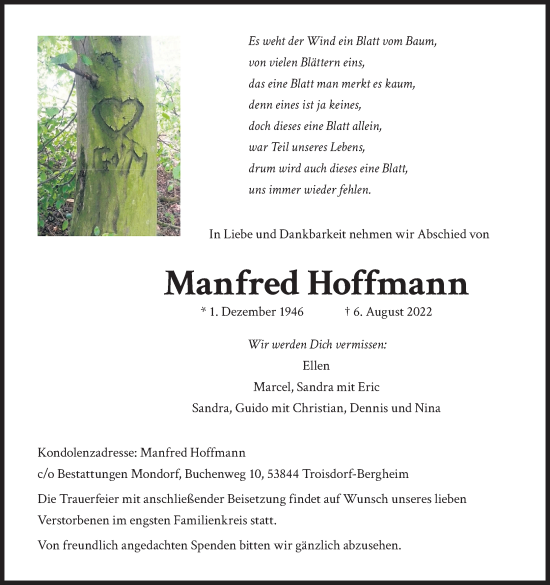 Anzeige von Manfred Hoffmann von Kölner Stadt-Anzeiger / Kölnische Rundschau / Express