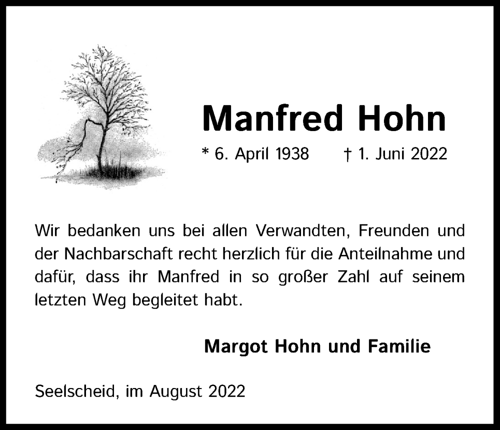  Traueranzeige für Manfred Hohn vom 03.08.2022 aus Kölner Stadt-Anzeiger / Kölnische Rundschau / Express