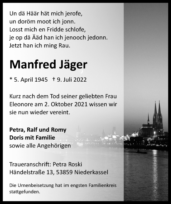 Anzeige von Manfred Jäger von  EXPRESS - Die Woche 