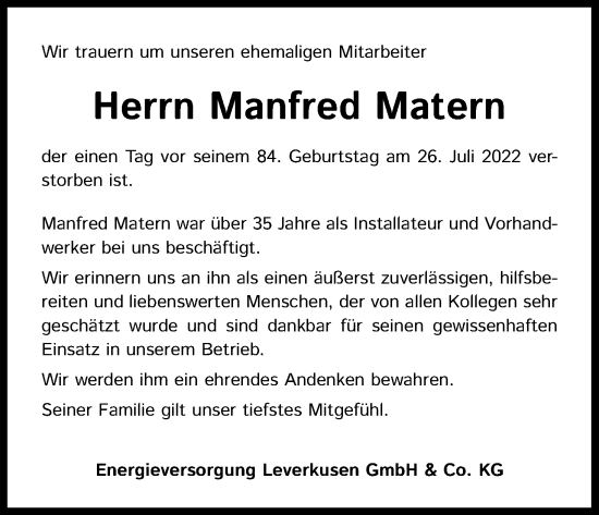 Anzeige von Manfred Matern von Kölner Stadt-Anzeiger / Kölnische Rundschau / Express