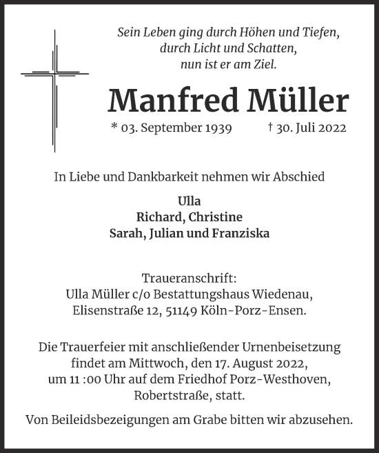 Anzeige von Manfred Müller von  EXPRESS - Die Woche 