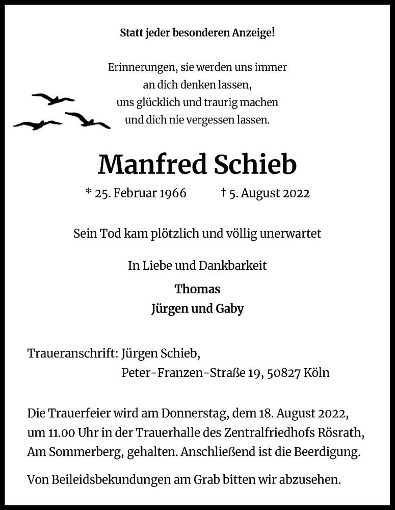  Traueranzeige für Manfred Schieb vom 13.08.2022 aus Kölner Stadt-Anzeiger / Kölnische Rundschau / Express