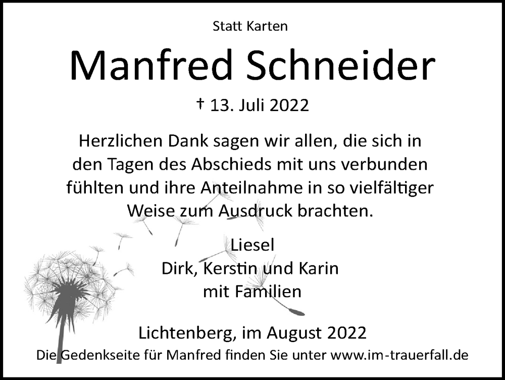  Traueranzeige für Manfred Schneider vom 27.08.2022 aus Kölner Stadt-Anzeiger / Kölnische Rundschau / Express