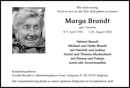 Anzeige von Marga Brandt von Kölner Stadt-Anzeiger / Kölnische Rundschau / Express
