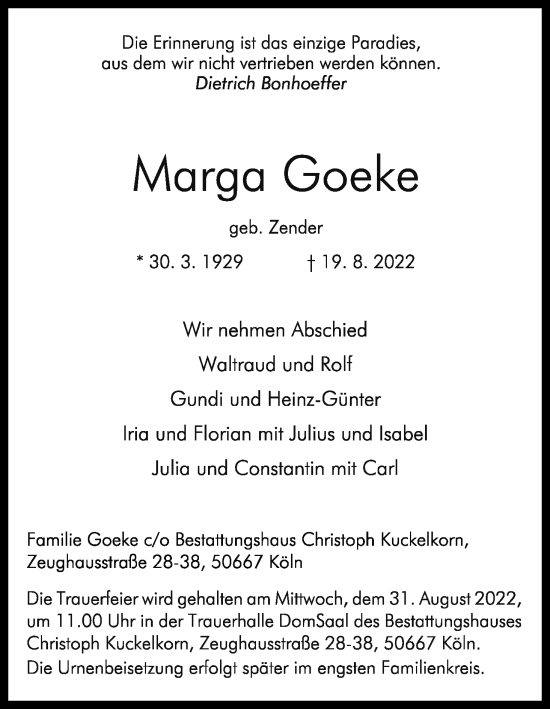 Anzeige von Marga Goeke von Kölner Stadt-Anzeiger / Kölnische Rundschau / Express