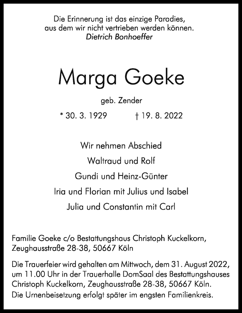  Traueranzeige für Marga Goeke vom 27.08.2022 aus Kölner Stadt-Anzeiger / Kölnische Rundschau / Express