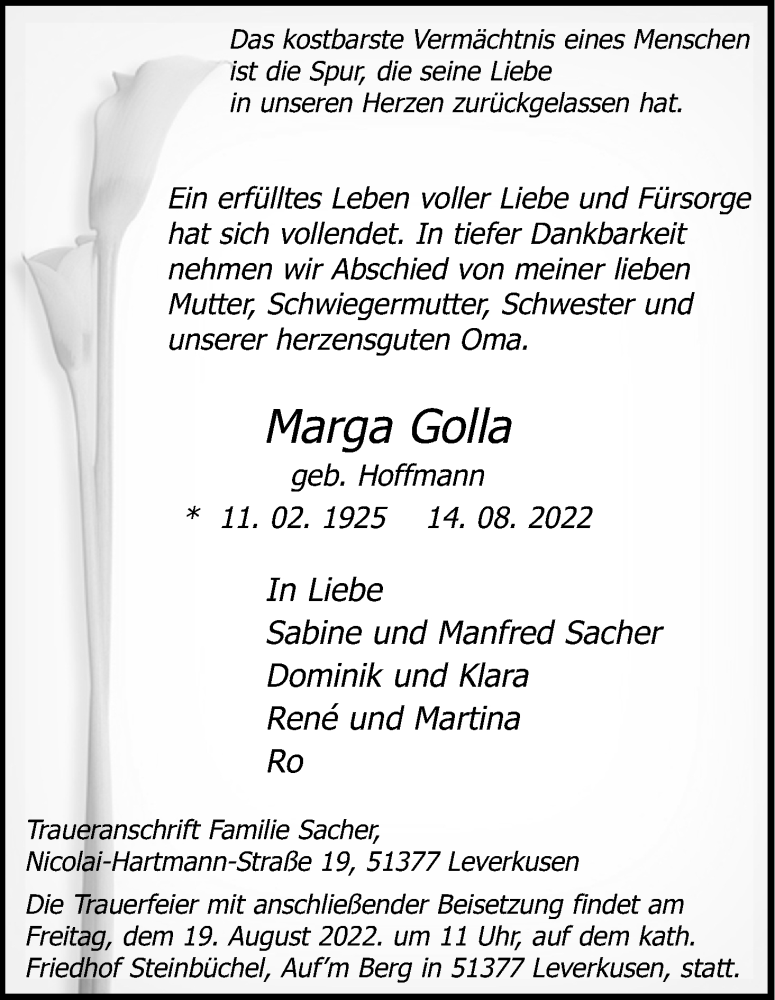  Traueranzeige für Marga Golla vom 17.08.2022 aus Kölner Stadt-Anzeiger / Kölnische Rundschau / Express