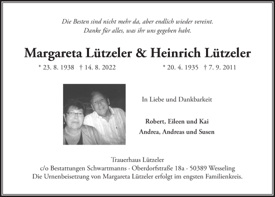 Anzeige von Margareta Lützeler von  Schlossbote/Werbekurier 