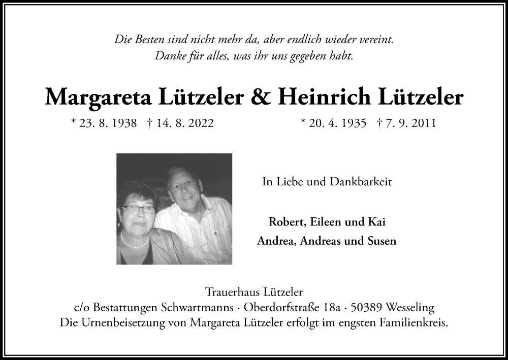  Traueranzeige für Margareta Lützeler vom 27.08.2022 aus Kölner Stadt-Anzeiger / Kölnische Rundschau / Express