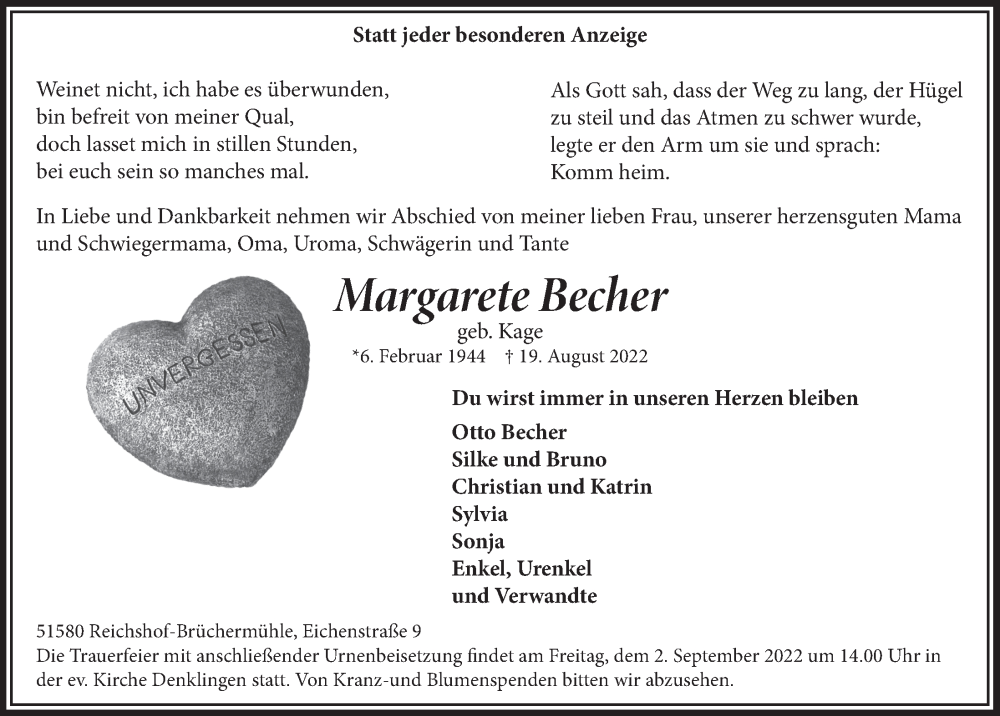  Traueranzeige für Margarete Becher vom 26.08.2022 aus  Anzeigen Echo  Lokalanzeiger 