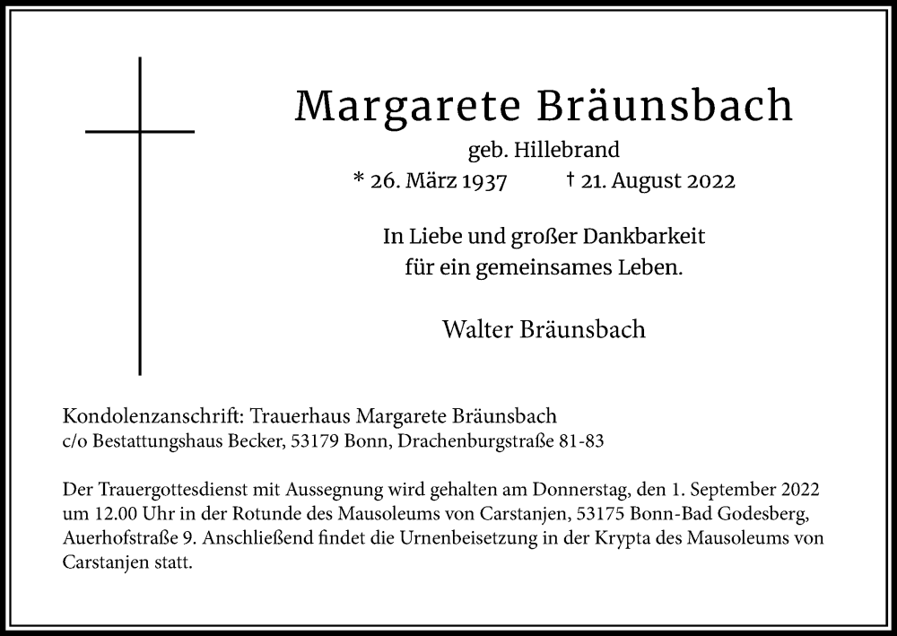  Traueranzeige für Margarete Bräunsbach vom 27.08.2022 aus Kölner Stadt-Anzeiger / Kölnische Rundschau / Express
