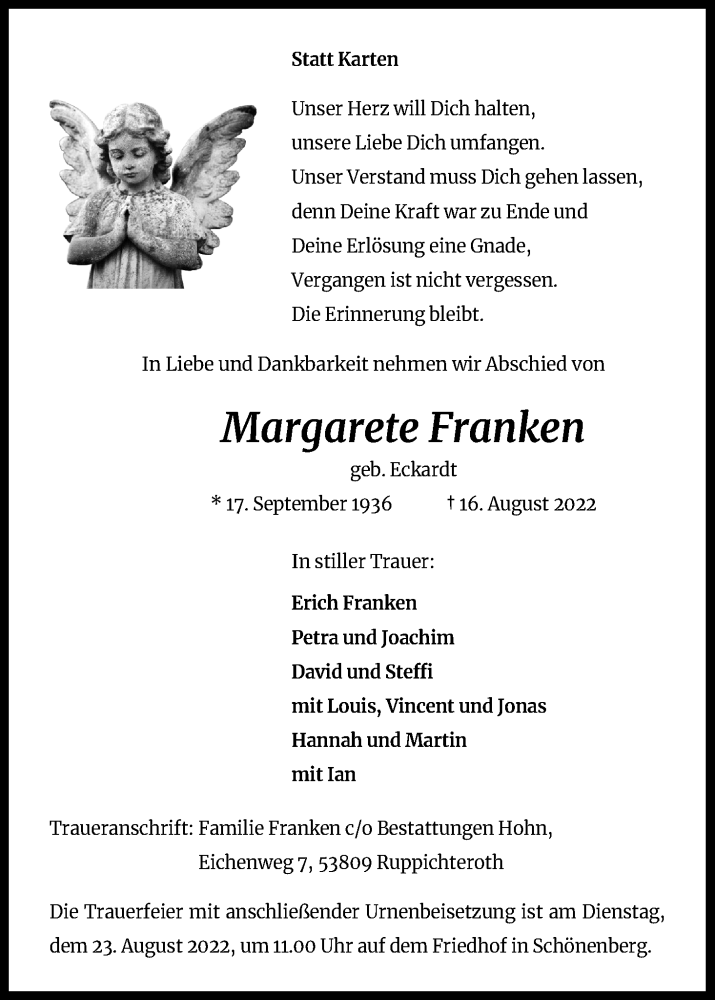  Traueranzeige für Margarete Franken vom 20.08.2022 aus Kölner Stadt-Anzeiger / Kölnische Rundschau / Express