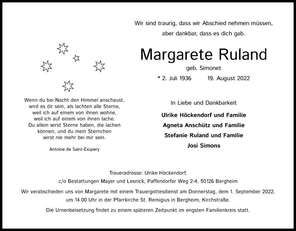  Traueranzeige für Margarete Ruland vom 27.08.2022 aus Kölner Stadt-Anzeiger / Kölnische Rundschau / Express