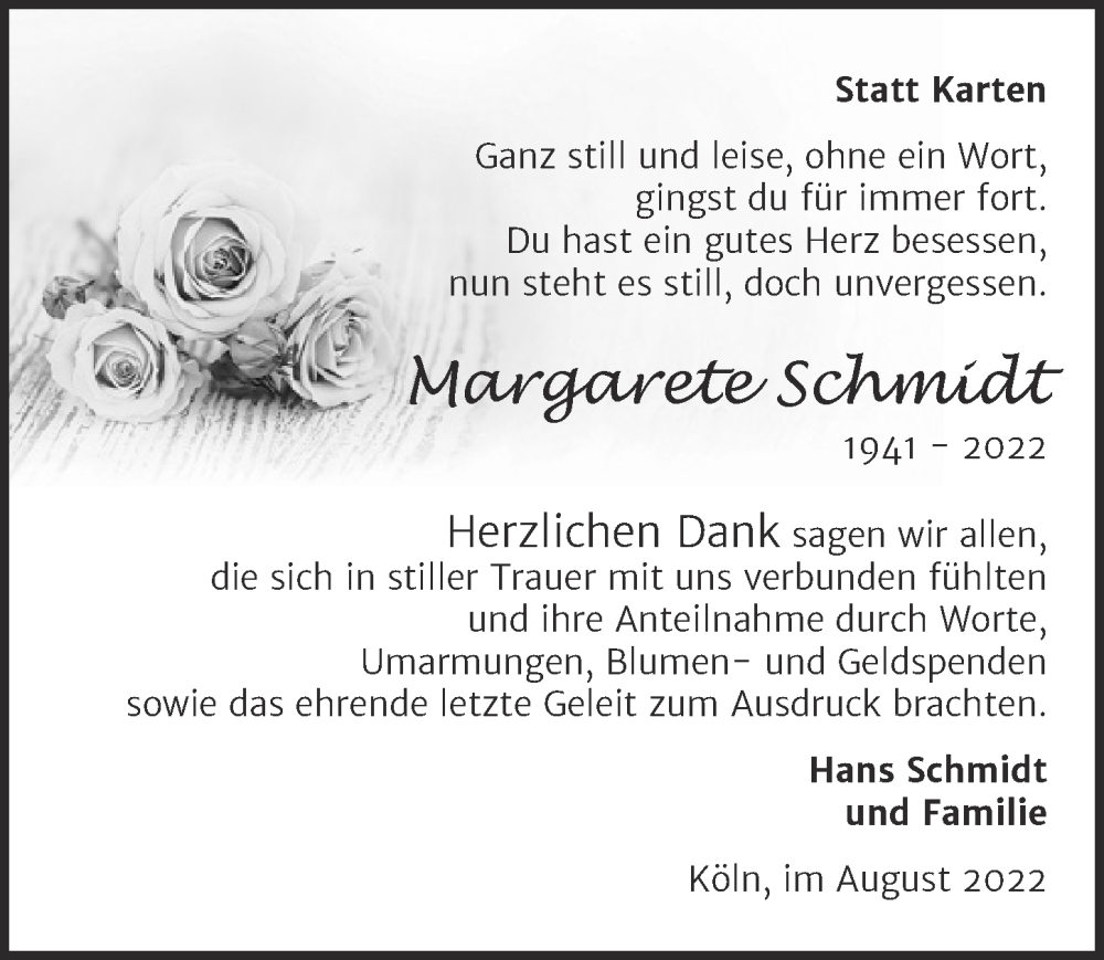  Traueranzeige für Margarete Schmidt vom 05.08.2022 aus  EXPRESS - Die Woche 