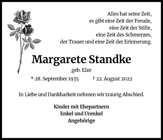 Anzeige von Margarete Standke von Kölner Stadt-Anzeiger / Kölnische Rundschau / Express