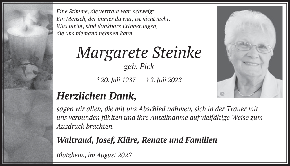  Traueranzeige für Margarete Steinke vom 26.08.2022 aus  Werbepost 