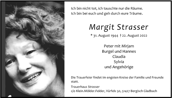 Anzeige von Margit Strasser von Kölner Stadt-Anzeiger / Kölnische Rundschau / Express