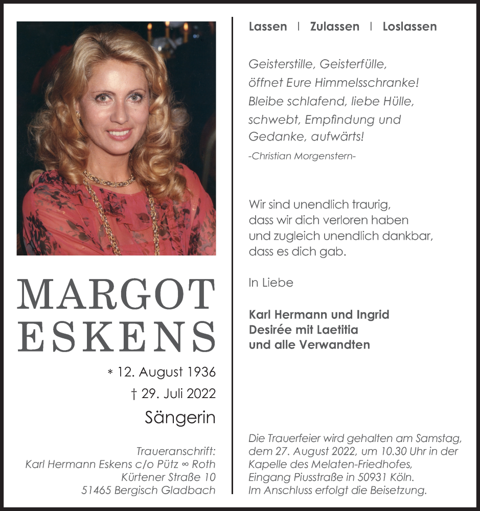  Traueranzeige für Margot Eskens vom 20.08.2022 aus Kölner Stadt-Anzeiger / Kölnische Rundschau / Express