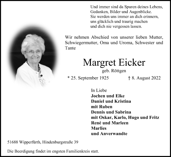 Anzeige von Margret Eicker von Kölner Stadt-Anzeiger / Kölnische Rundschau / Express