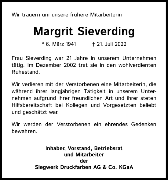 Anzeige von Margrit Sieverding von Kölner Stadt-Anzeiger / Kölnische Rundschau / Express