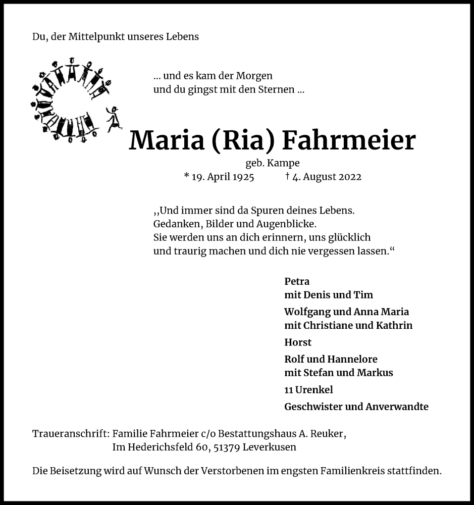  Traueranzeige für Maria Fahrmeier vom 27.08.2022 aus Kölner Stadt-Anzeiger / Kölnische Rundschau / Express