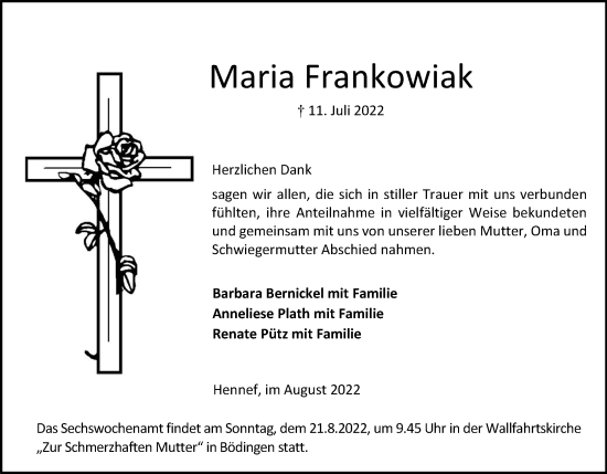 Anzeige von Maria Frankowiak von Kölner Stadt-Anzeiger / Kölnische Rundschau / Express