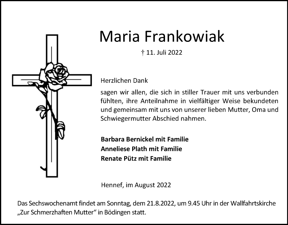  Traueranzeige für Maria Frankowiak vom 13.08.2022 aus Kölner Stadt-Anzeiger / Kölnische Rundschau / Express