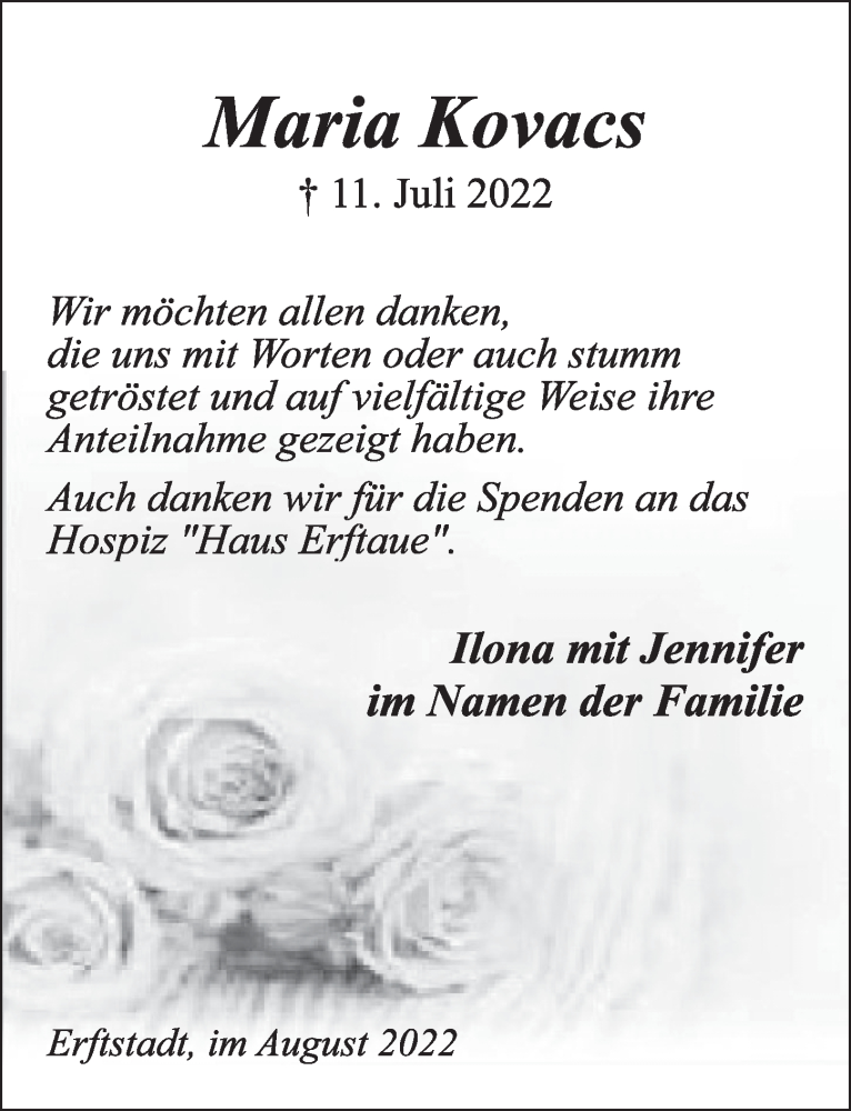  Traueranzeige für Maria Kovacs vom 19.08.2022 aus  Werbepost 