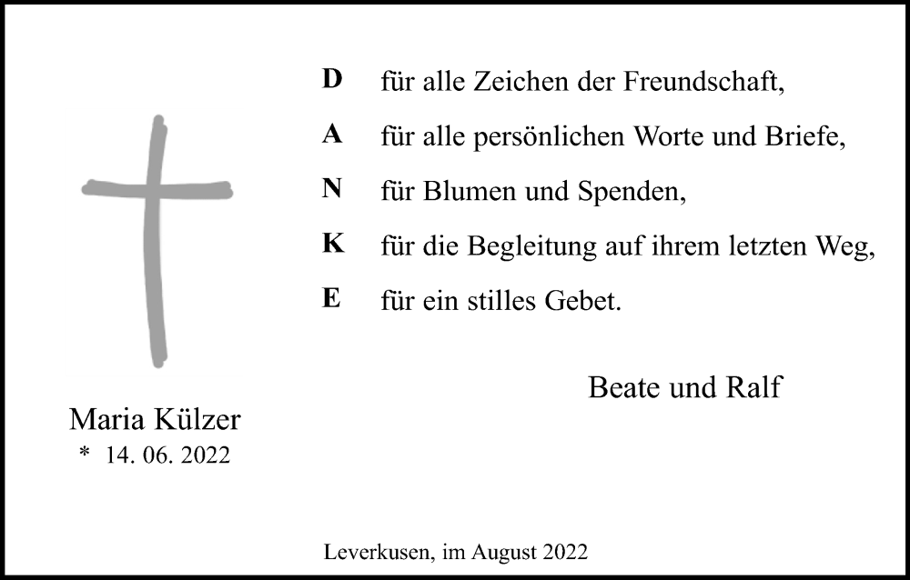  Traueranzeige für Maria Külzer vom 06.08.2022 aus Kölner Stadt-Anzeiger / Kölnische Rundschau / Express