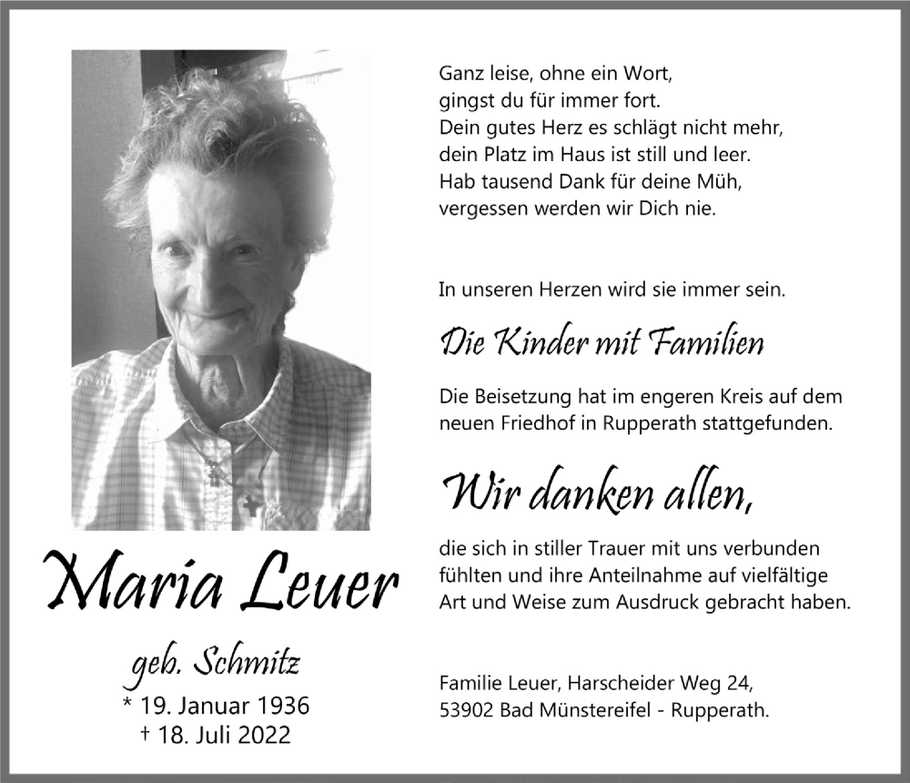  Traueranzeige für Maria Leuer vom 06.08.2022 aus  Blickpunkt Euskirchen 