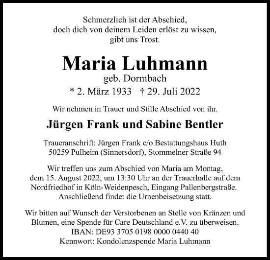 Anzeige von Maria Luhmann von Kölner Stadt-Anzeiger / Kölnische Rundschau / Express
