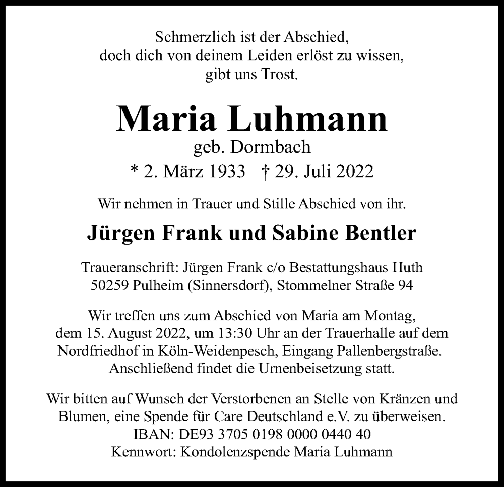  Traueranzeige für Maria Luhmann vom 06.08.2022 aus Kölner Stadt-Anzeiger / Kölnische Rundschau / Express