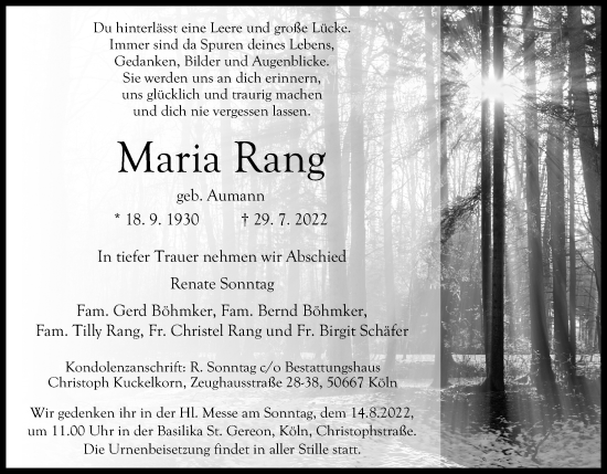 Anzeige von Maria Rang von Kölner Stadt-Anzeiger / Kölnische Rundschau / Express