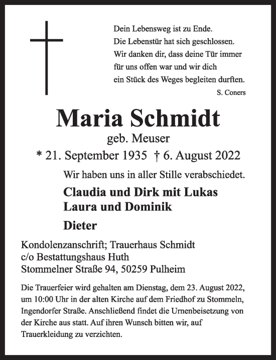 Anzeige von Maria Schmidt von  Wochenende 