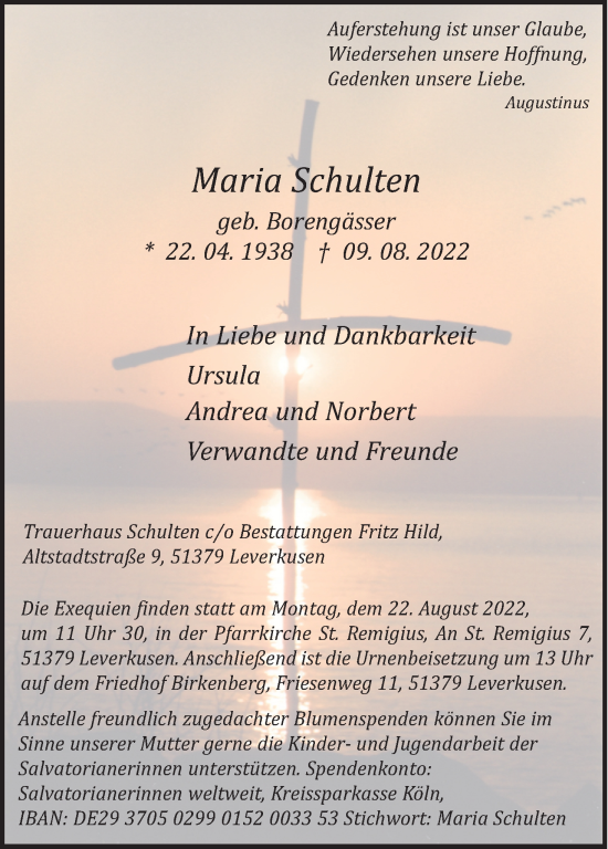 Anzeige von Maria Schulten von Kölner Stadt-Anzeiger / Kölnische Rundschau / Express