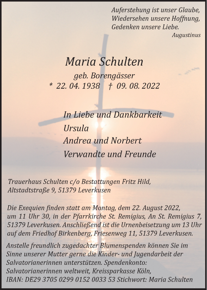 Traueranzeige für Maria Schulten vom 17.08.2022 aus Kölner Stadt-Anzeiger / Kölnische Rundschau / Express