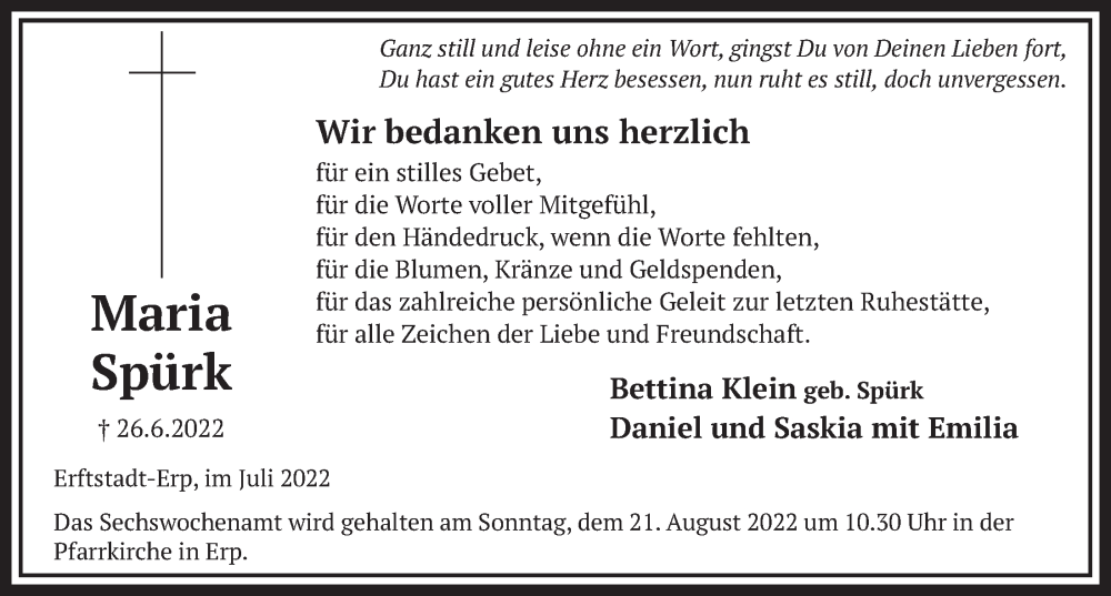  Traueranzeige für Maria Spürk vom 12.08.2022 aus  Werbepost 