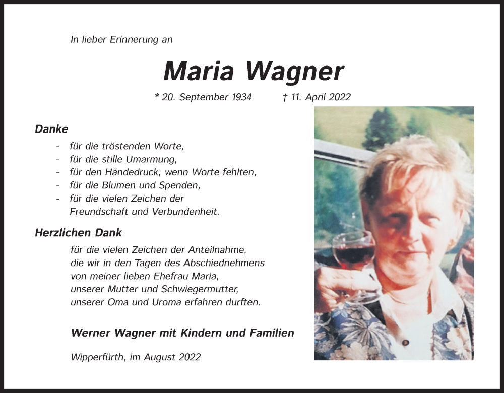  Traueranzeige für Maria Wagner vom 20.08.2022 aus Kölner Stadt-Anzeiger / Kölnische Rundschau / Express