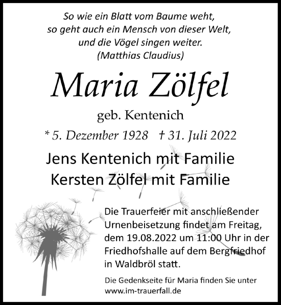 Anzeige von Maria Zölfel von  Lokalanzeiger 