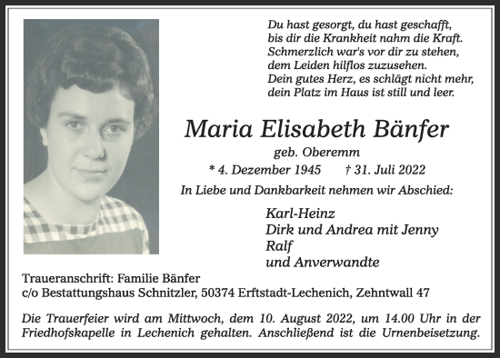 Anzeige von Maria Elisabeth Bänfer von  Werbepost 