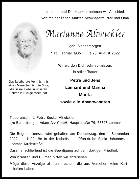 Anzeige von Marianne Altwickler von Kölner Stadt-Anzeiger / Kölnische Rundschau / Express