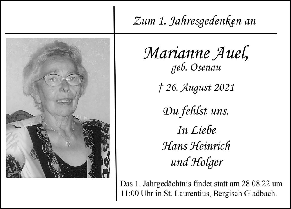  Traueranzeige für Marianne Auel vom 19.08.2022 aus  Bergisches Handelsblatt 