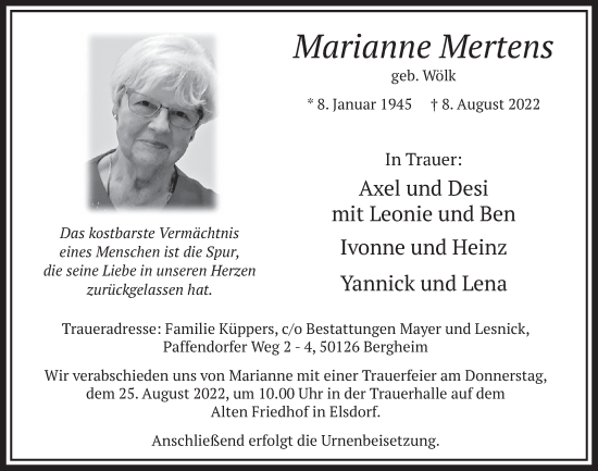 Anzeige von Marianne Mertens von  Werbepost 
