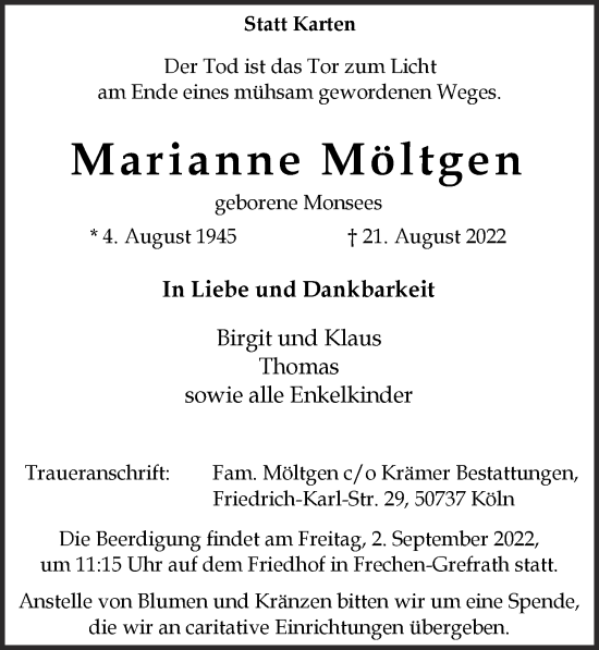 Anzeige von Marianne Möltgen von  Wochenende 